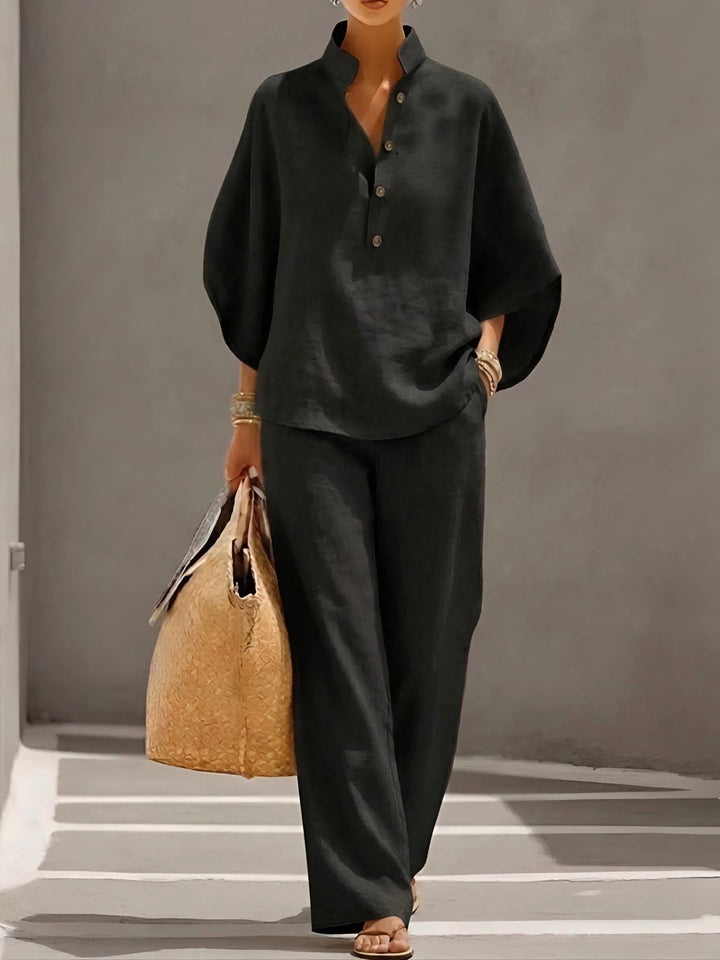 Sloane | Women's Mandarin Collar Kimono Linen Two-Piece Set - Black