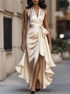 Solange | Women's Halterneck Wrap Maxi Dress, Asymmetrical Evening Dress | Bella Blue | Navy Blue