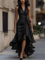Solange | Women's Halterneck Wrap Maxi Dress, Asymmetrical Evening Dress | Bella Blue