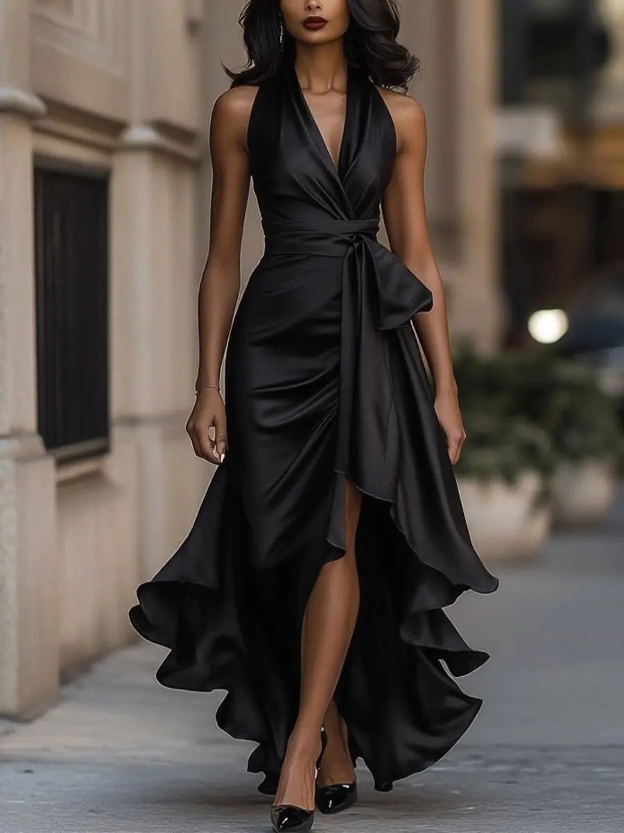 Solange | Women's Halterneck Wrap Maxi Dress, Asymmetrical Evening Dress | Bella Blue