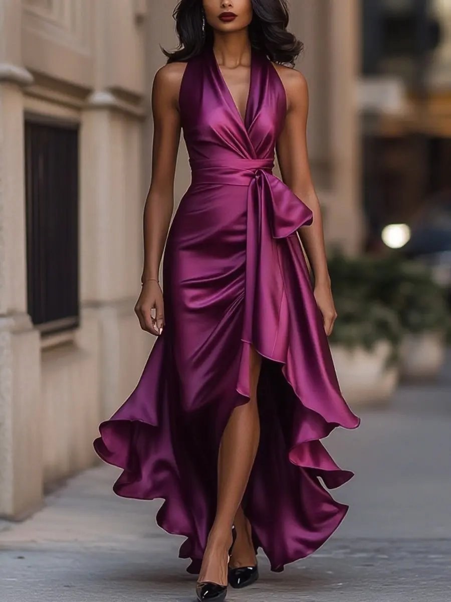 Solange | Women's Halterneck Wrap Maxi Dress, Asymmetrical Evening Dress | Bella Blue