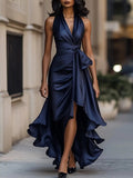 Solange | Women's Halterneck Wrap Maxi Dress, Asymmetrical Evening Dress | Bella Blue | Champagne