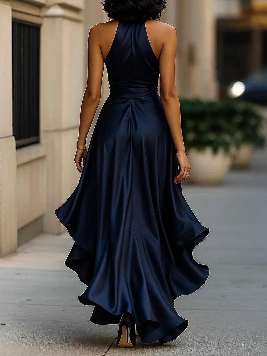 Solange | Women's Halterneck Wrap Maxi Dress, Asymmetrical Evening Dress | Bella Blue | Royal Blue