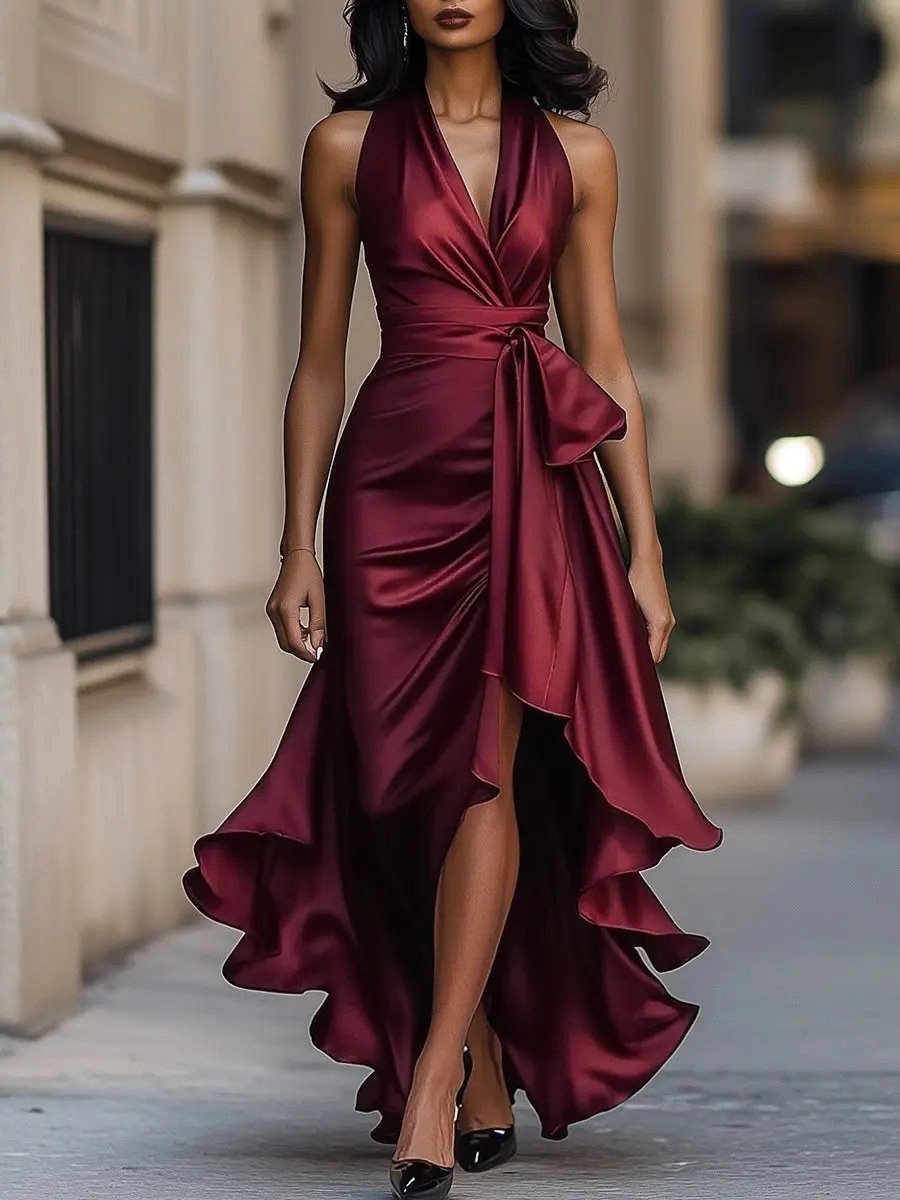 Solange | Women's Halterneck Wrap Maxi Dress, Asymmetrical Evening Dress | Bella Blue | Brown