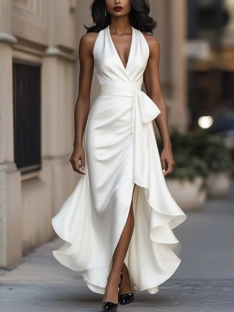 Solange | Women's Halterneck Wrap Maxi Dress, Asymmetrical Evening Dress | Bella Blue | Black
