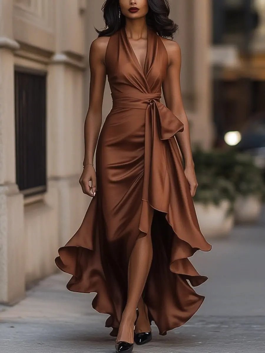 Solange | Women's Halterneck Wrap Maxi Dress, Asymmetrical Evening Dress | Bella Blue