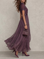Summer | Women's Chiffon Maxi Dress, Puff Sleeve Evening Dress | Bella Blue