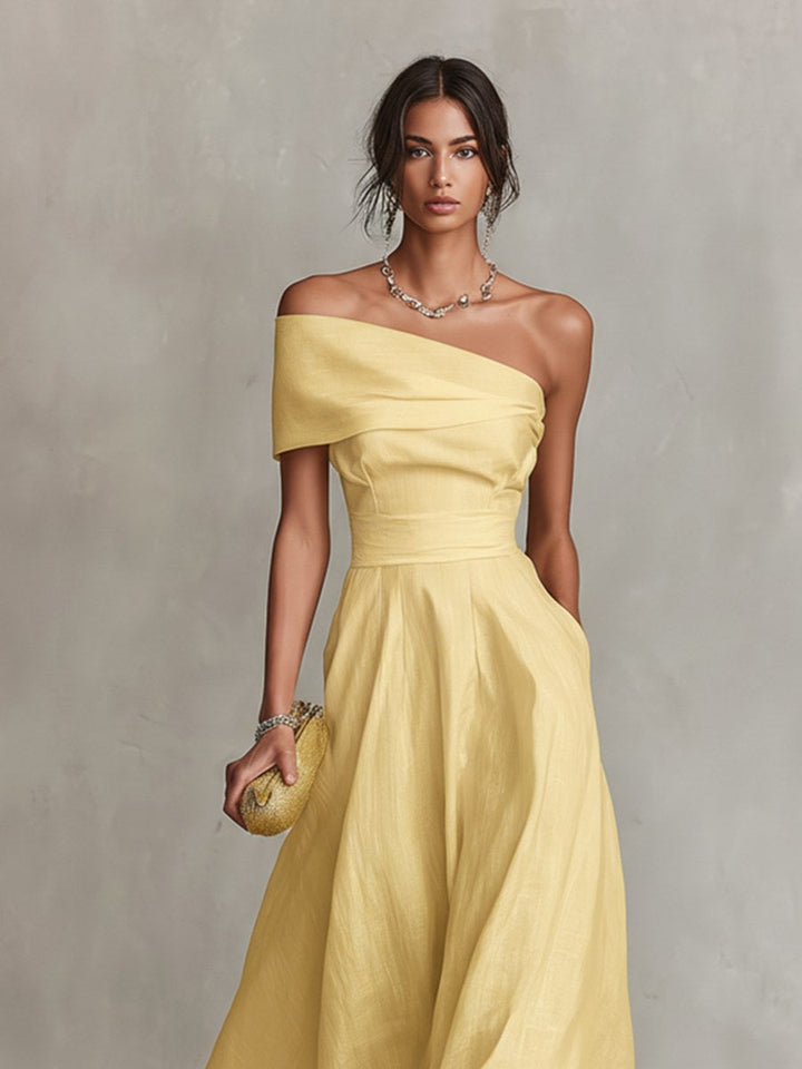 Summer | Women's Yellow Linen One-Shoulder Midi Dress - image 3