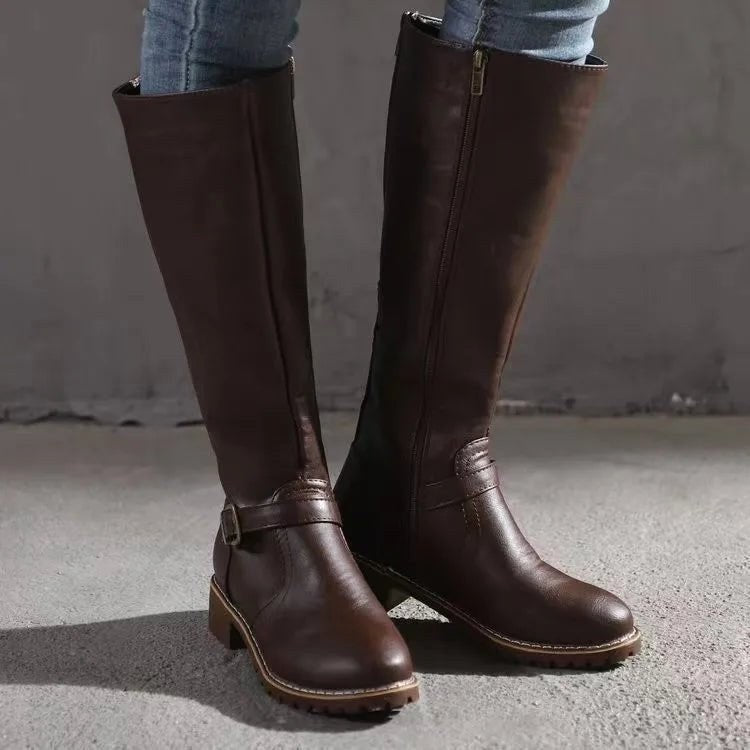 Sylvia | Women's Orthopedic Leather Knee-High Boots, Block Heel Autumn Boots | Bella Blue | Black
