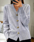 Sylvie | Women's V-Neck Button-Front Cardigan, Long Sleeve Ribbed Knit Cardigan | Bella Blue | Grey