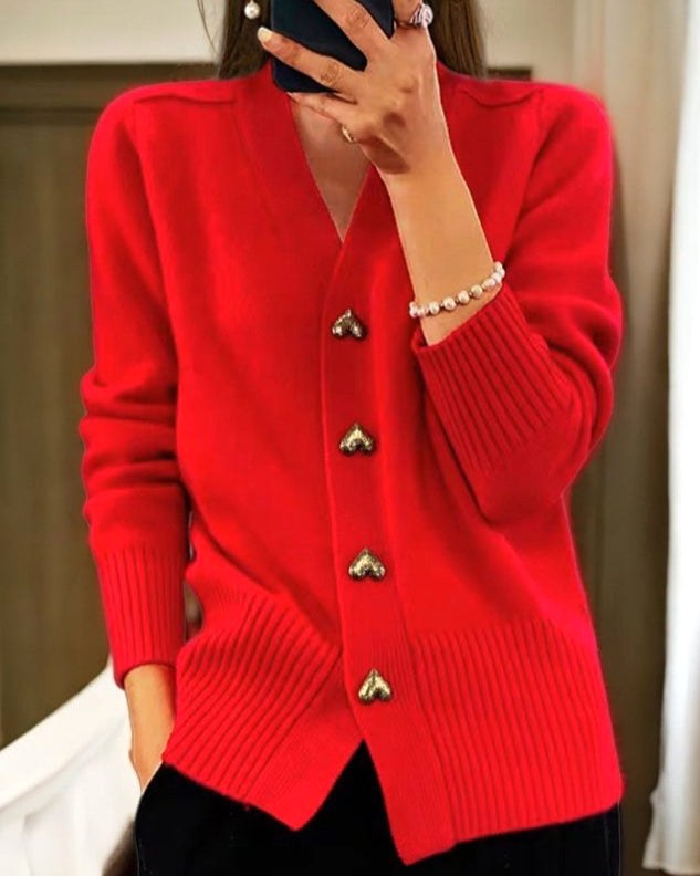 Sylvie | Women's V-Neck Button-Front Cardigan, Long Sleeve Ribbed Knit Cardigan | Bella Blue | Red