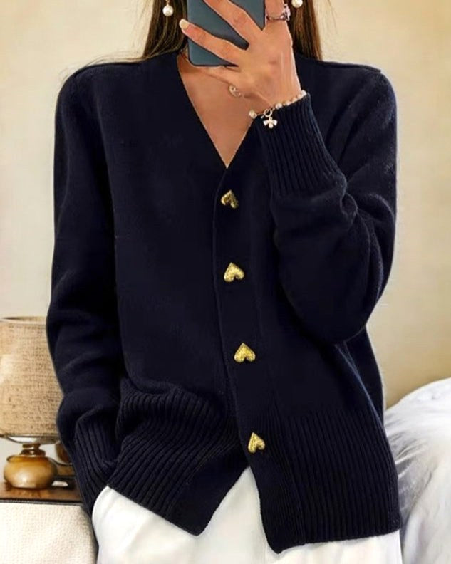 Sylvie | Women's V-Neck Button-Front Cardigan, Long Sleeve Ribbed Knit Cardigan | Bella Blue | Black