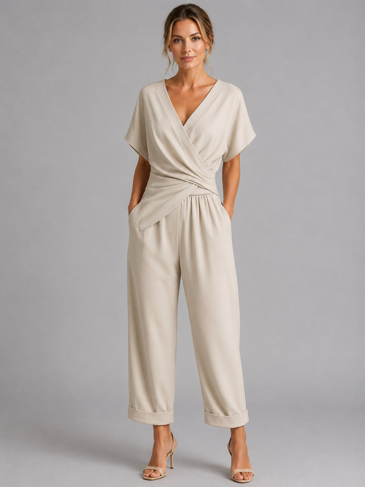 Sylvie | Women's Wrap-Front Two-Piece Set, Relaxed Cropped Trousers | Bella Blue | Apricot