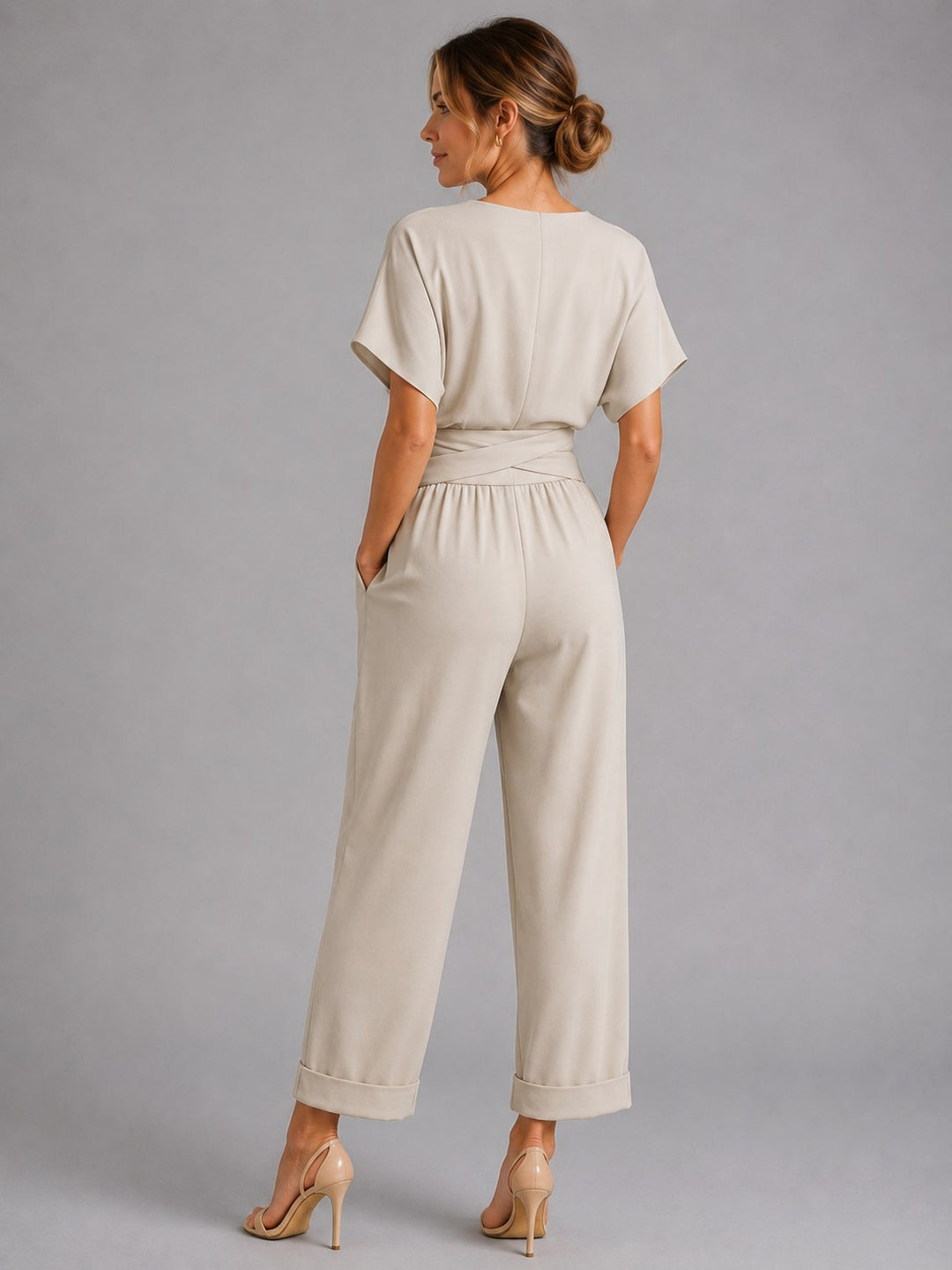 Sylvie | Women's Wrap-Front Two-Piece Set, Relaxed Cropped Trousers | Bella Blue | Khaki