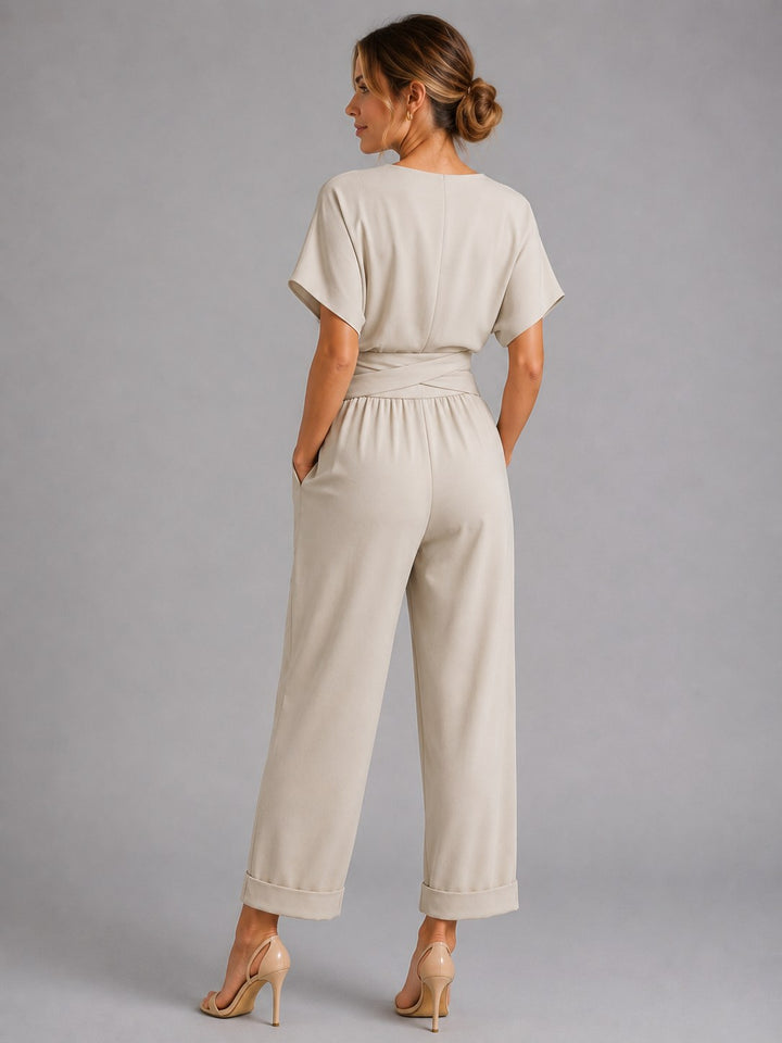 Sylvie | Women's Wrap-Front Two-Piece Set, Relaxed Cropped Trousers | Bella Blue | Khaki