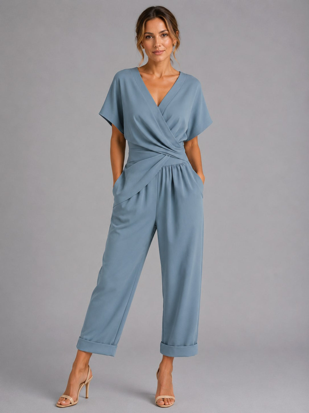 Sylvie | Women's Wrap-Front Two-Piece Set, Relaxed Cropped Trousers | Bella Blue