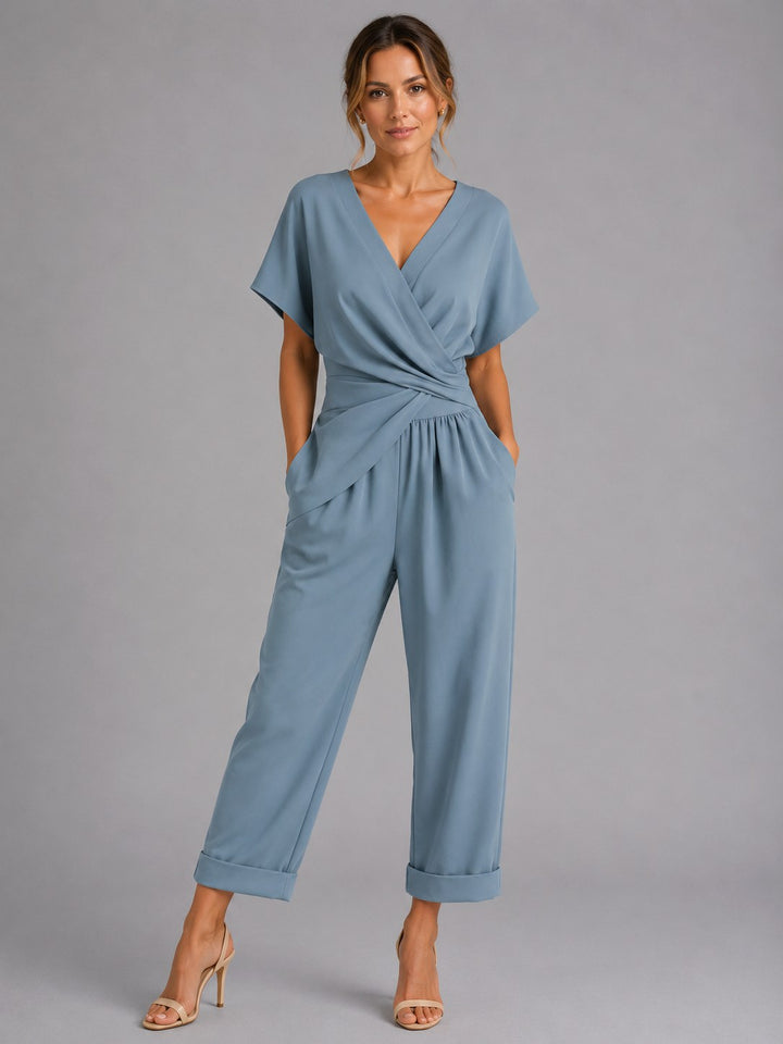 Sylvie | Women's Wrap-Front Two-Piece Set, Relaxed Cropped Trousers | Bella Blue