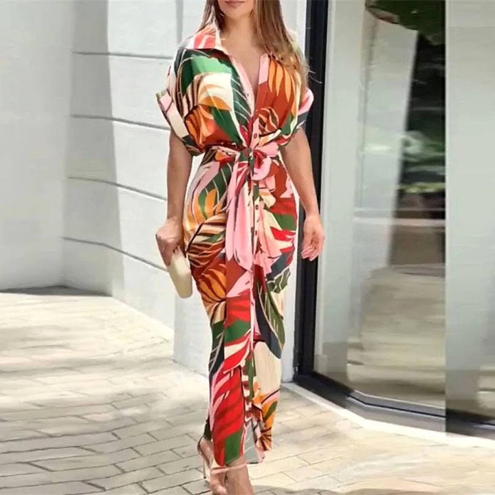 Taryn | Women's Wrap Short Sleeve Midi Dress - Multi Colour
