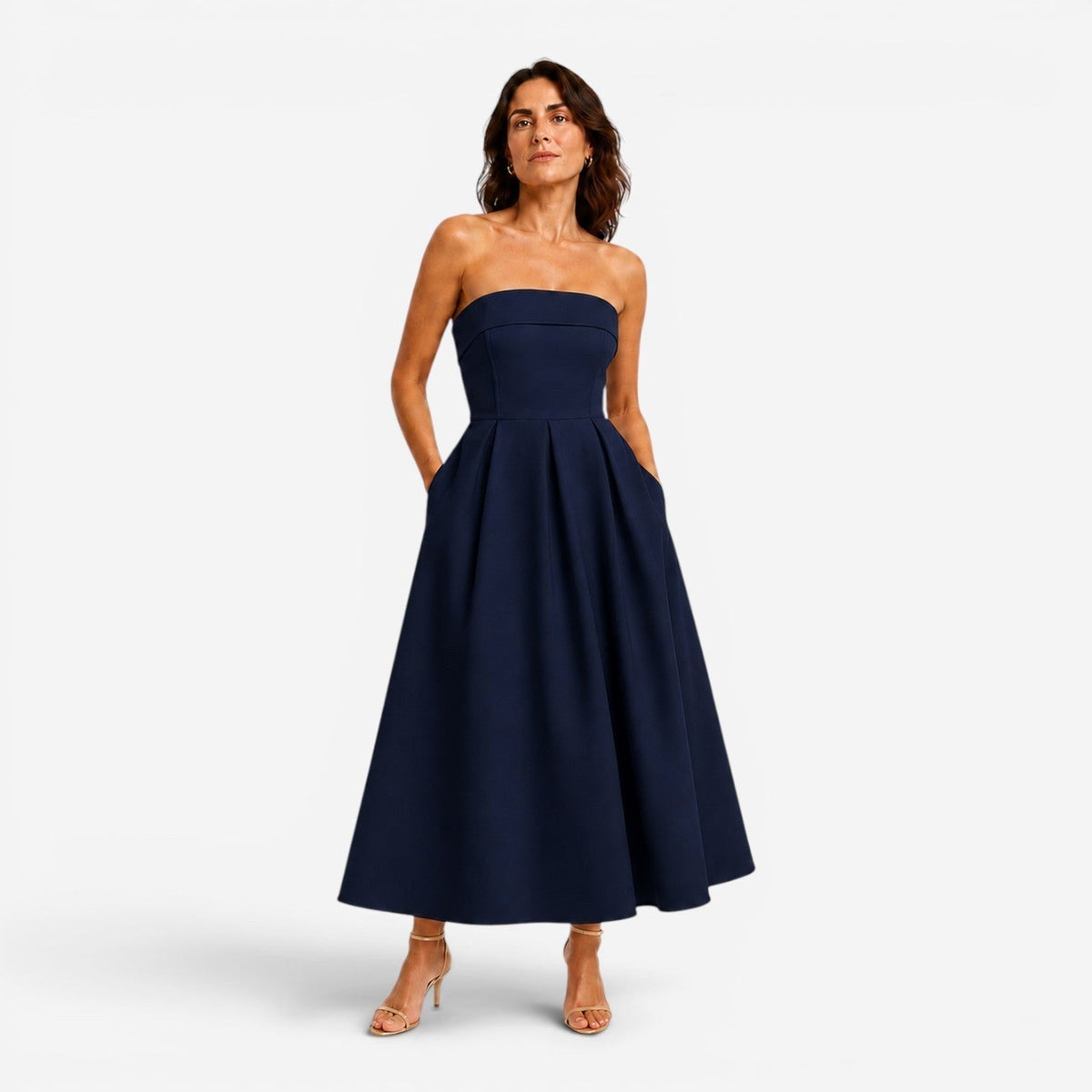 Tessa | Women's Pleated Midi Dress, Strapless Occasion Dress | Bella Blue