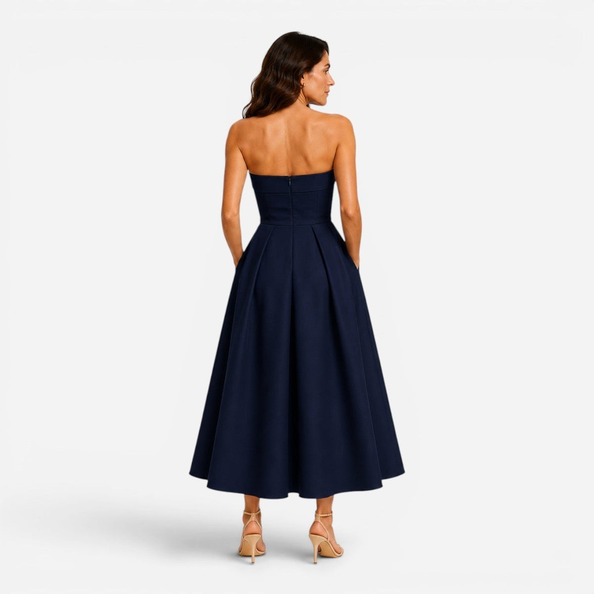 Tessa | Women's Pleated Midi Dress, Strapless Occasion Dress | Bella Blue