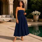 Tessa | Women's Pleated Midi Dress, Strapless Occasion Dress | Bella Blue