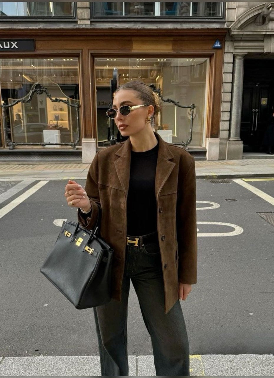 Thea | Women's Brown Suede-Effect Jacket, Button-Front Autumn Jacket | Bella Blue | Brown