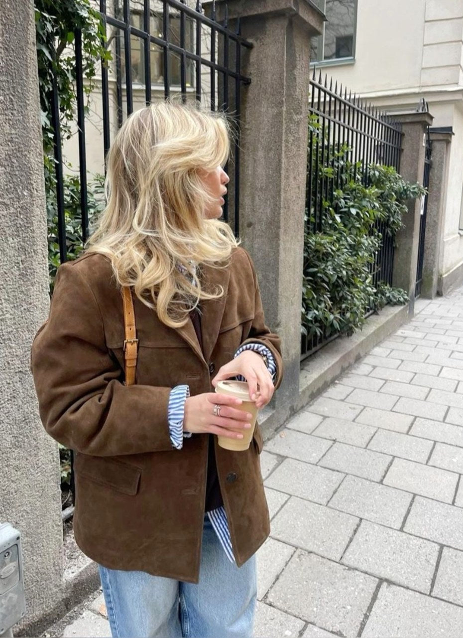 Thea | Women's Brown Suede-Effect Jacket, Button-Front Autumn Jacket | Bella Blue