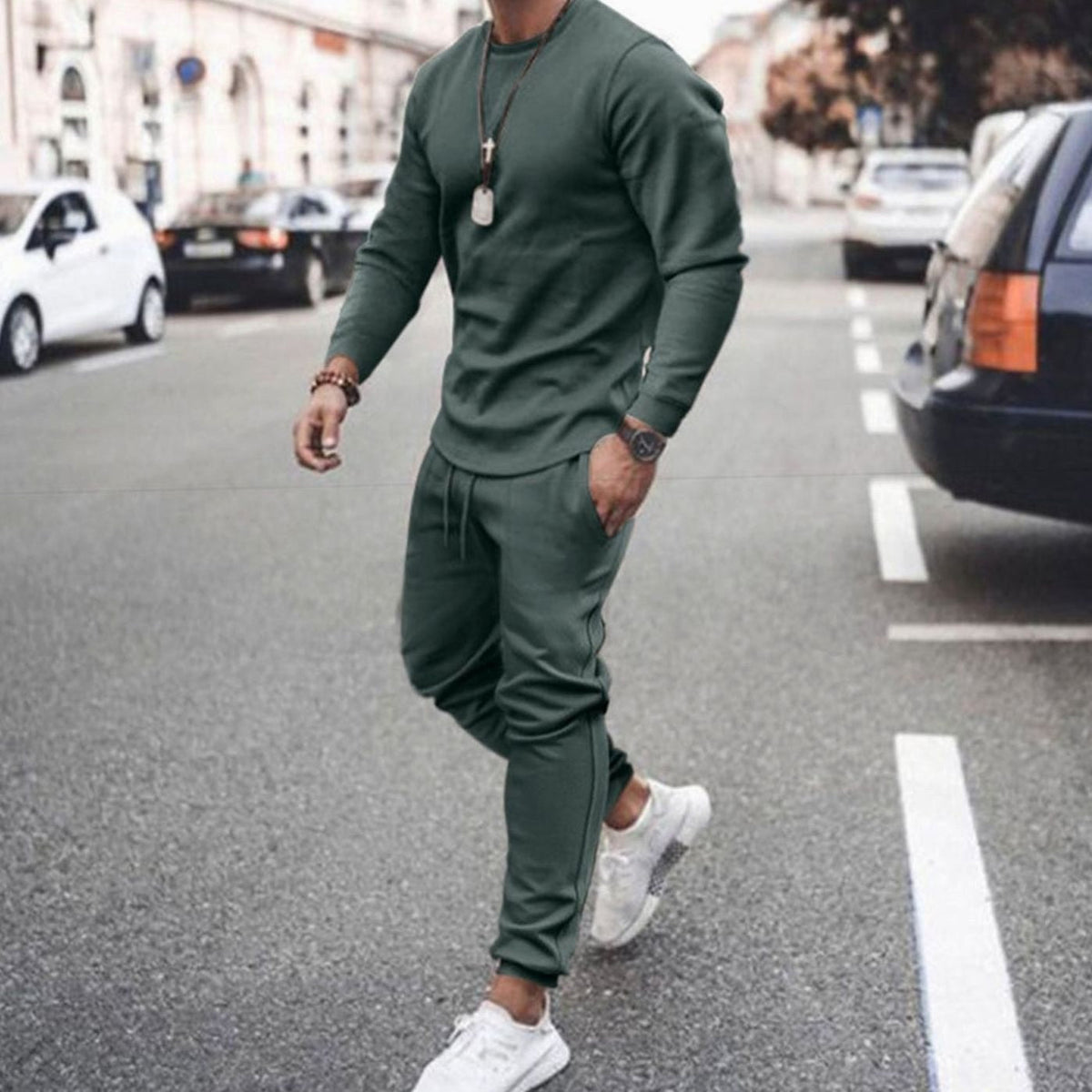 Theodor | Men's Long-Sleeve Tracksuit, Two-Piece Jogger Set | Bella Blue | Green
