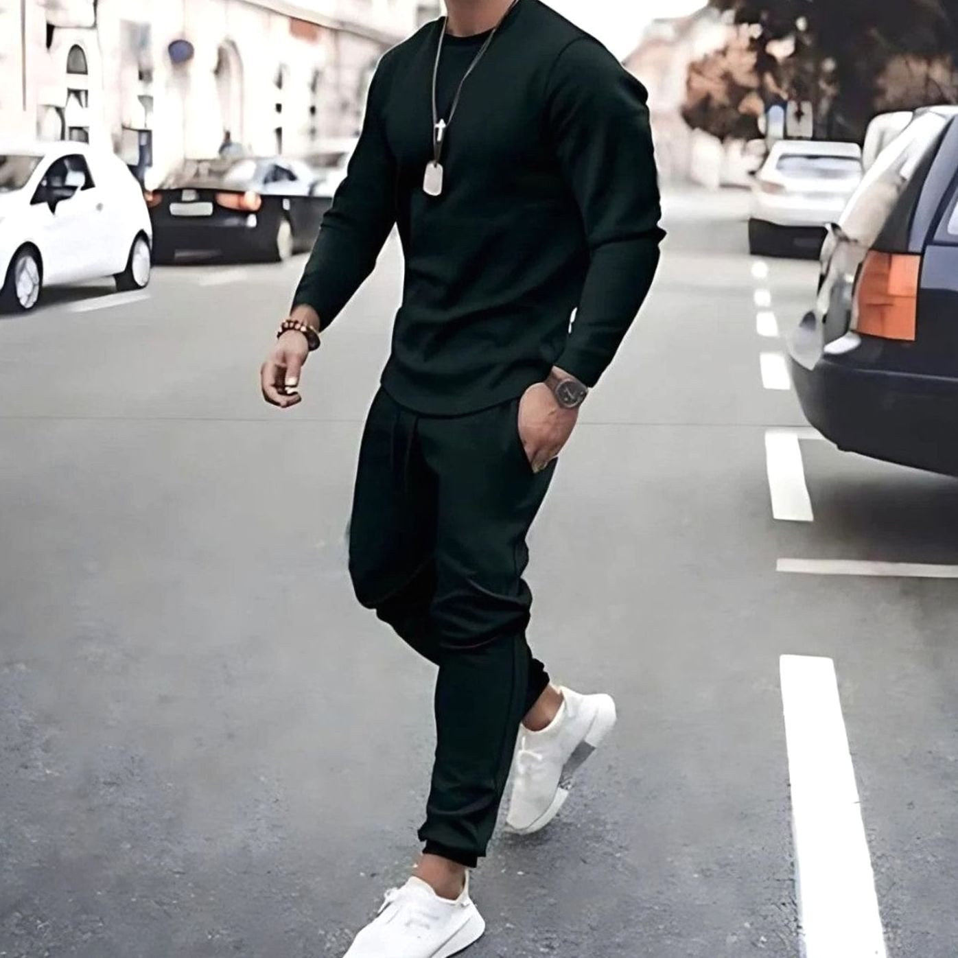 Theodor | Men's Long-Sleeve Tracksuit, Two-Piece Jogger Set | Bella Blue | Green