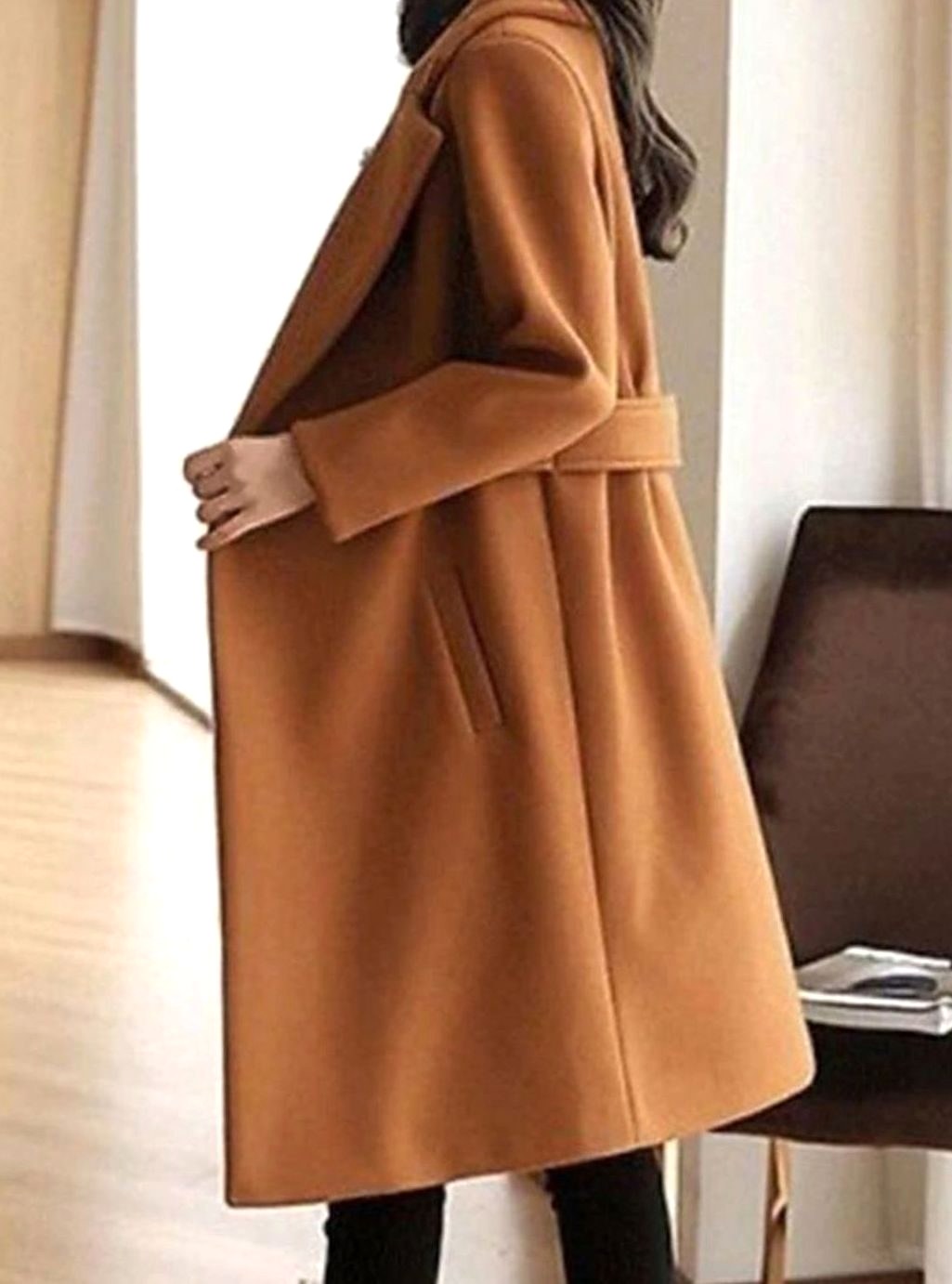 Theresa | Women's Longline Belted Coat with Notch Lapel, Tailored Autumn Coat | Bella Blue | Camel