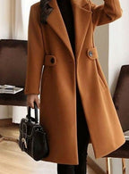 Theresa | Women's Longline Belted Coat with Notch Lapel, Tailored Autumn Coat | Bella Blue | Camel