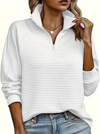 Therese | Women's Half-Zip Funnel Neck Sweater, Drop Shoulder Knit Jumper | Bella Blue | White