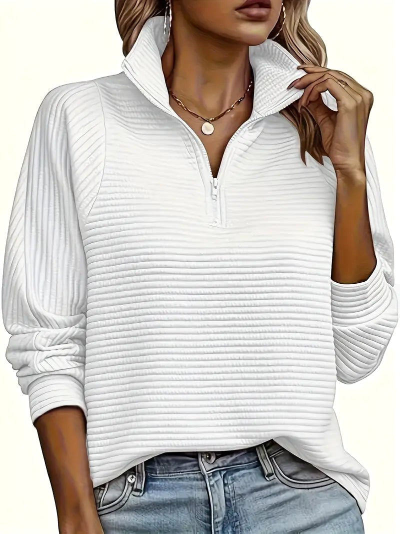 Therese | Women's Half-Zip Funnel Neck Sweater, Drop Shoulder Knit Jumper | Bella Blue | White