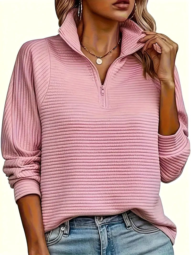 Therese | Women's Half-Zip Funnel Neck Sweater, Drop Shoulder Knit Jumper | Bella Blue | Pink