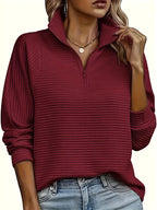 Therese | Women's Half-Zip Funnel Neck Sweater, Drop Shoulder Knit Jumper | Bella Blue | Dark Red
