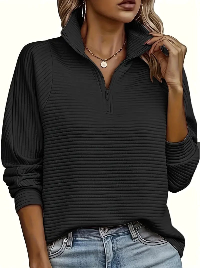 Therese | Women's Half-Zip Funnel Neck Sweater, Drop Shoulder Knit Jumper | Bella Blue | Deep Grey