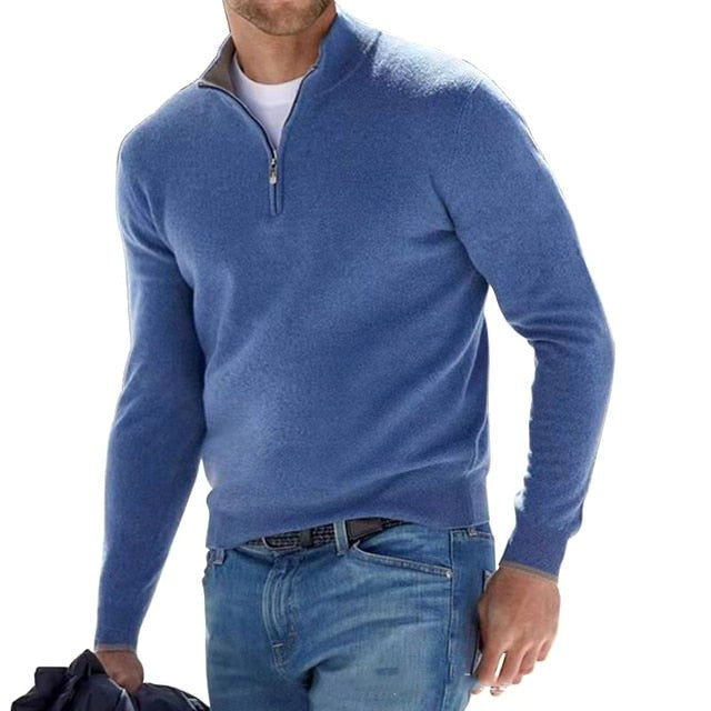 Toby | Men's Quarter-Zip Knit Jumper, Stand Collar Sweater | Bella Blue | Blue