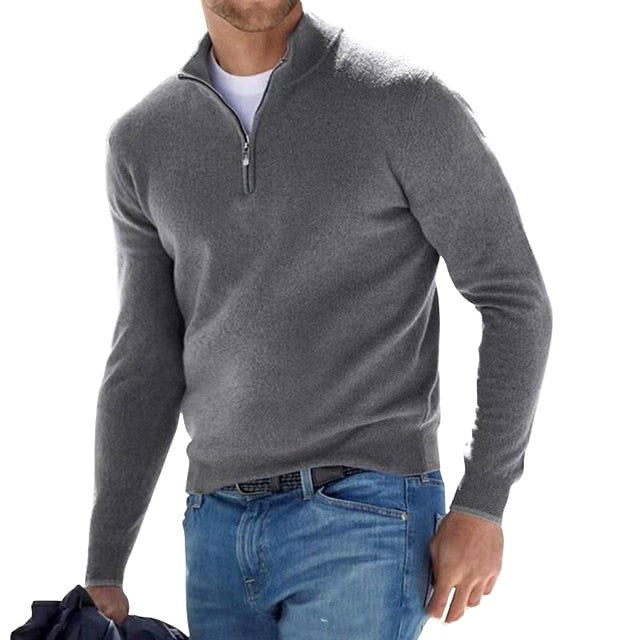 Toby | Men's Quarter-Zip Knit Jumper, Stand Collar Sweater | Bella Blue | Gray