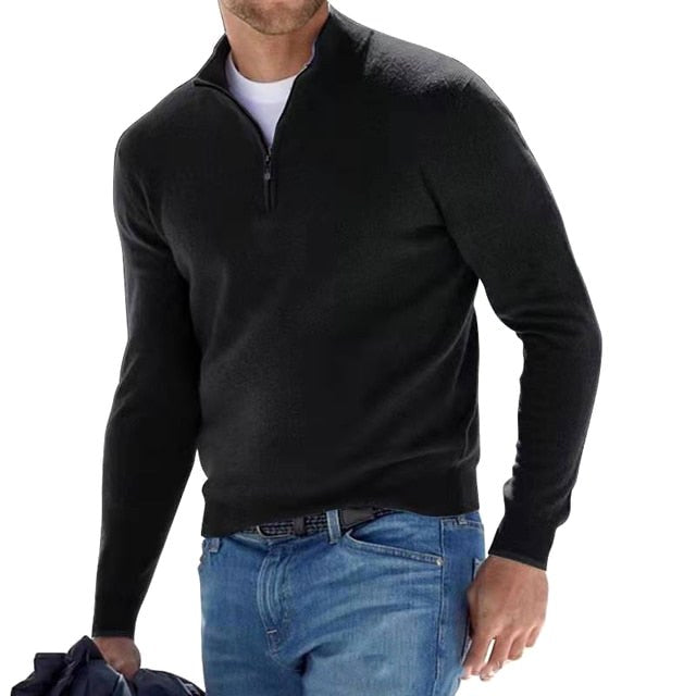 Toby | Men's Quarter-Zip Knit Jumper, Stand Collar Sweater | Bella Blue | Black
