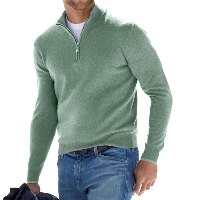 Toby | Men's Quarter-Zip Knit Jumper, Stand Collar Sweater | Bella Blue | Green