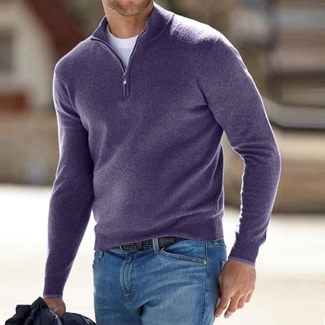 Toby | Men's Quarter-Zip Knit Jumper, Stand Collar Sweater | Bella Blue | Purple
