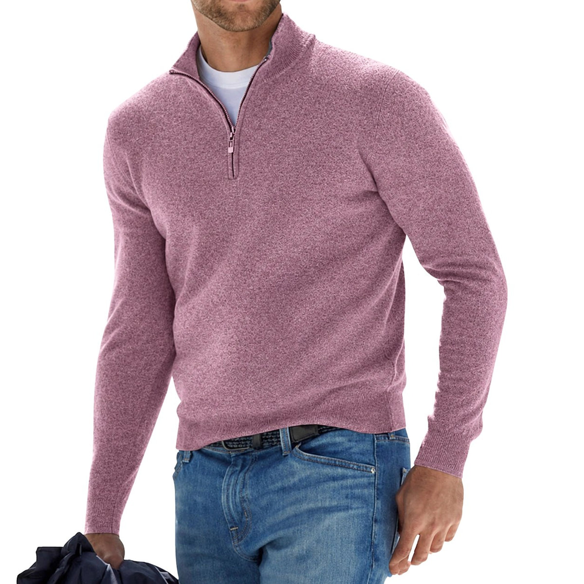 Toby | Men's Quarter-Zip Knit Jumper, Stand Collar Sweater | Bella Blue | Pink