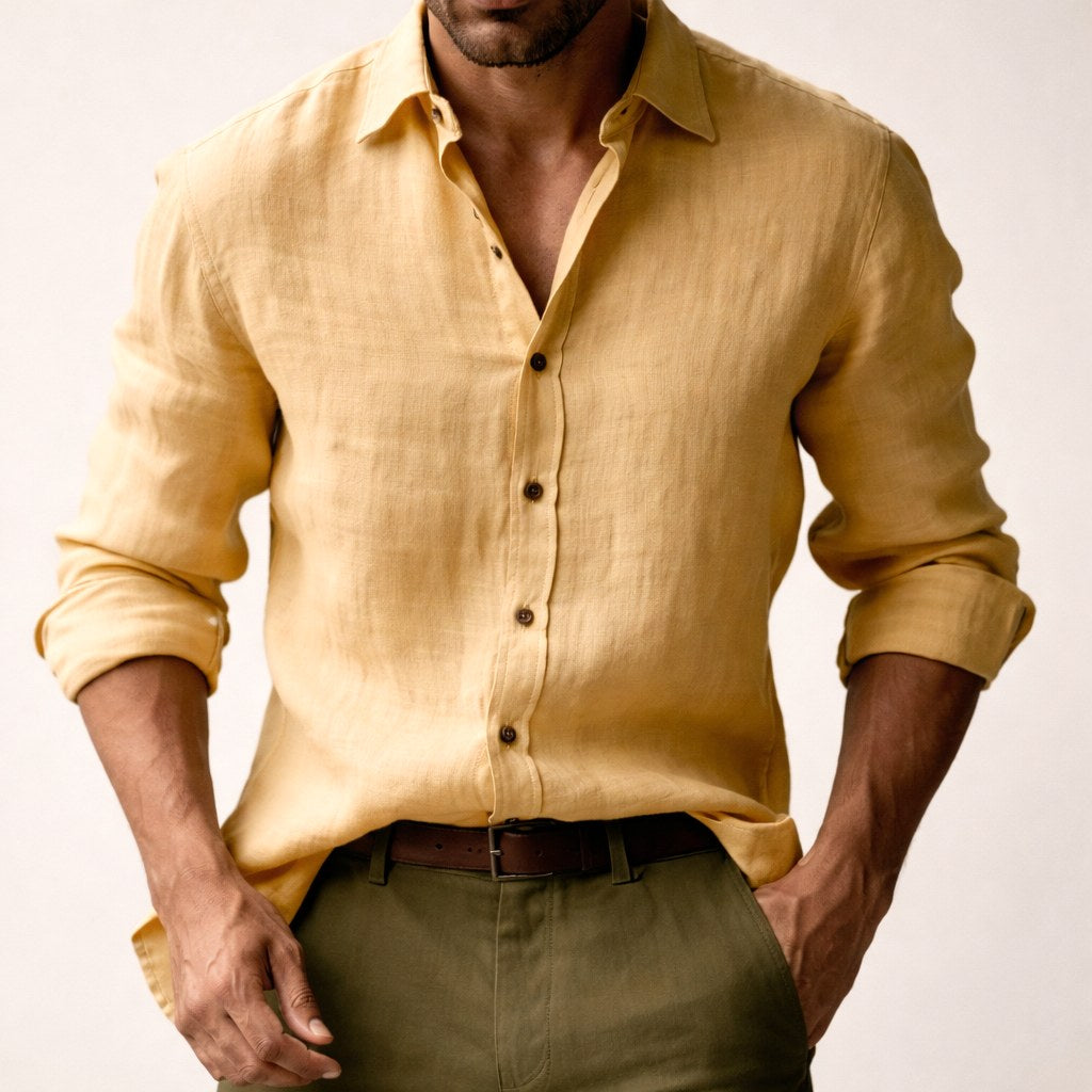 Trevor | Men's Long Sleeve Linen Shirt, Vintage Tailored Shirt | Bella Blue