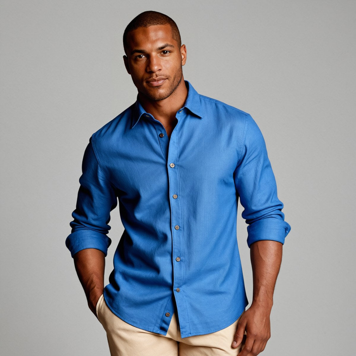 Trevor | Men's Long Sleeve Linen Shirt, Vintage Tailored Shirt | Bella Blue | Blue