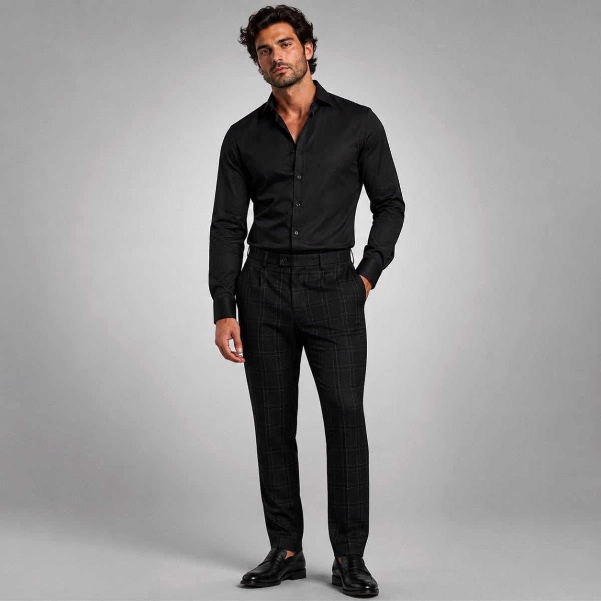 Tristan | Men's Checked Slim Fit Trousers, Smart Casual Trousers | Bella Blue | Dark Gray