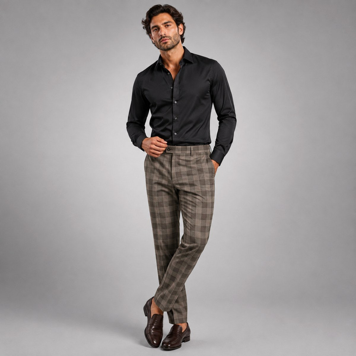 Tristan | Men's Checked Slim Fit Trousers, Smart Casual Trousers | Bella Blue | Gray