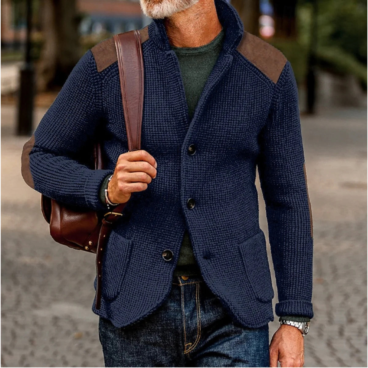 Tristan | Men's Knitted Cardigan, Warm Layering Cardigan | Bella Blue