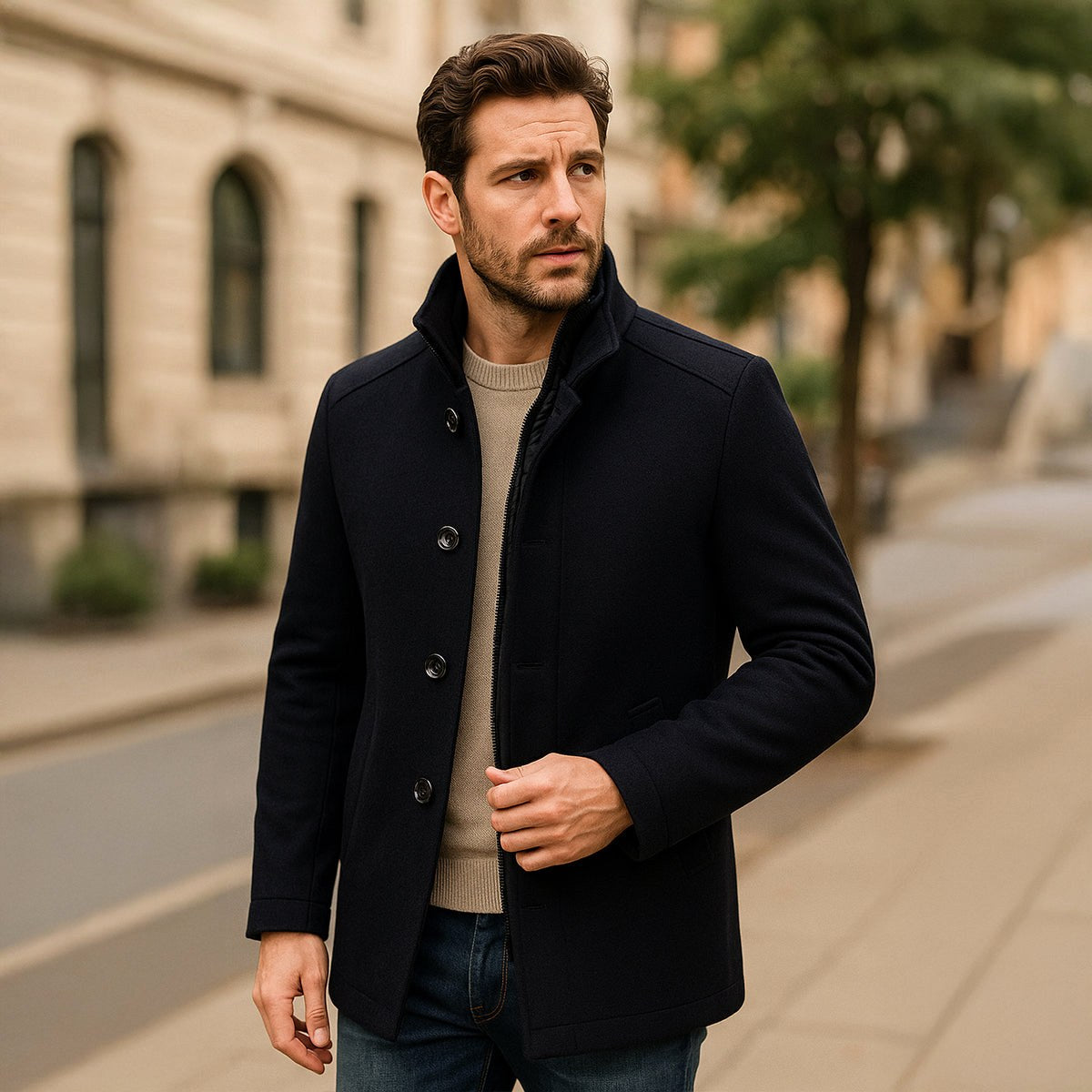 Tucker | Men's Wool Blend Tailored Trench Coat, Classic Formal Coat | Bella Blue