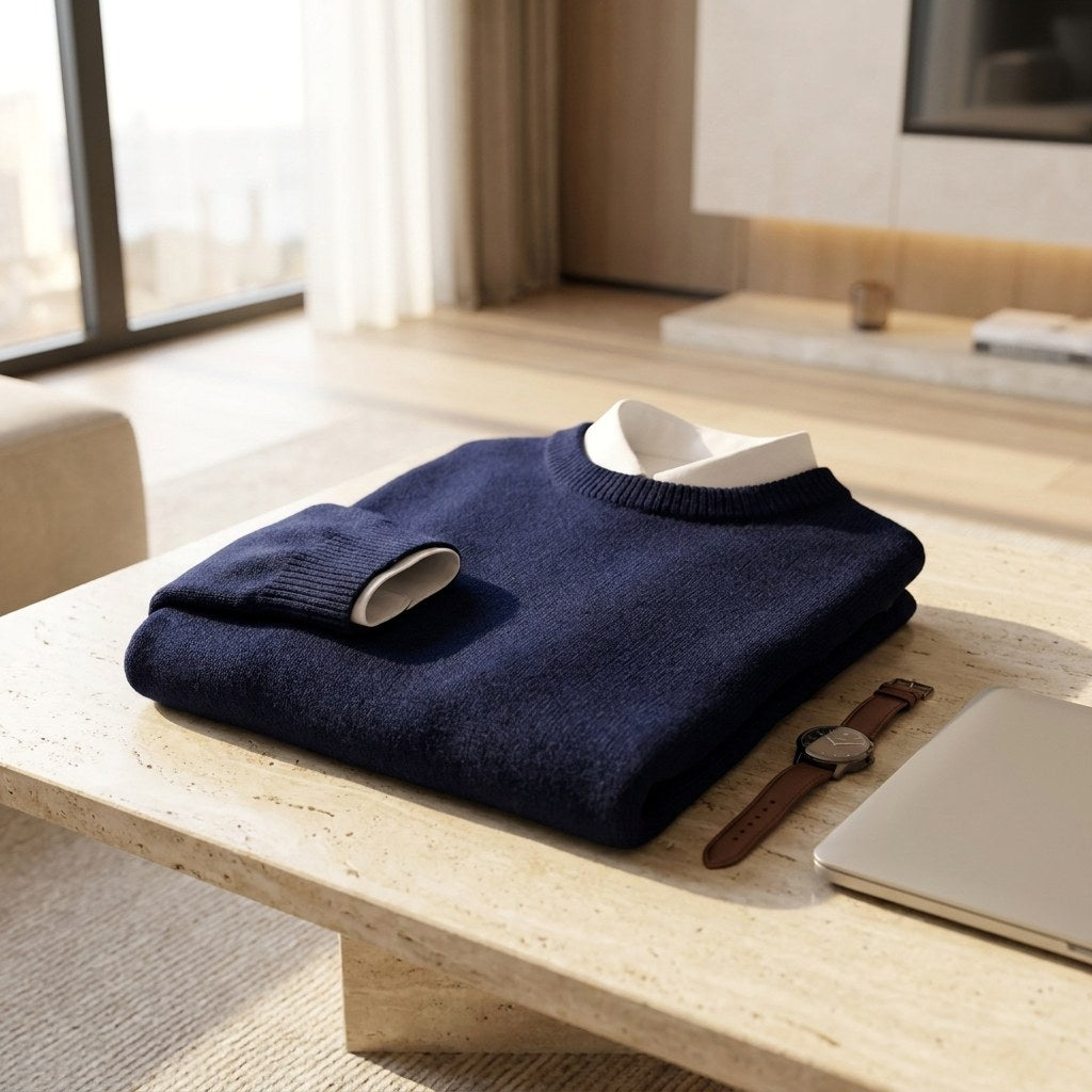 Tyler | Men's Cashmere-Blend Crew Neck Jumper, Classic Knitted Jumper | Bella Blue