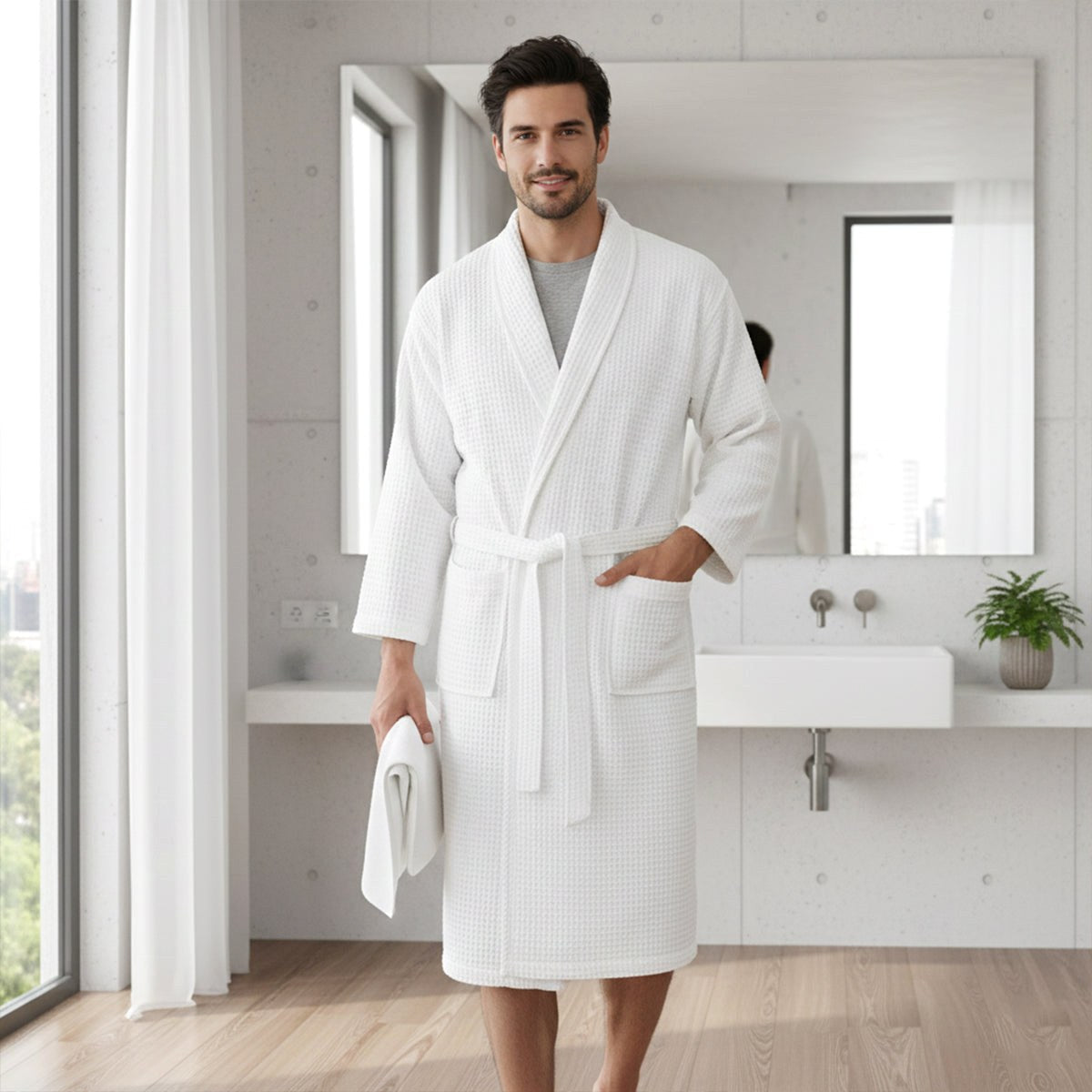 Tyler | Men's Cotton Waffle Lightweight Bathrobe, Spa Robe with Belt | Bella Blue